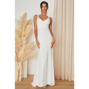 NWT Lulus Beloved Eternity White Lace Sleeveless Backless Maxi Dress Bride Sz S